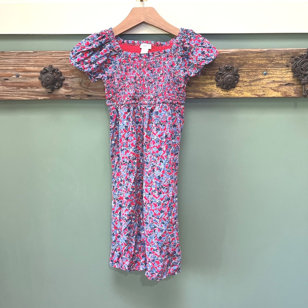 Crewcuts J.Crew Girls Red Blue Floral Smocked Puff Sleeve Wide Leg Jumpsuit 4